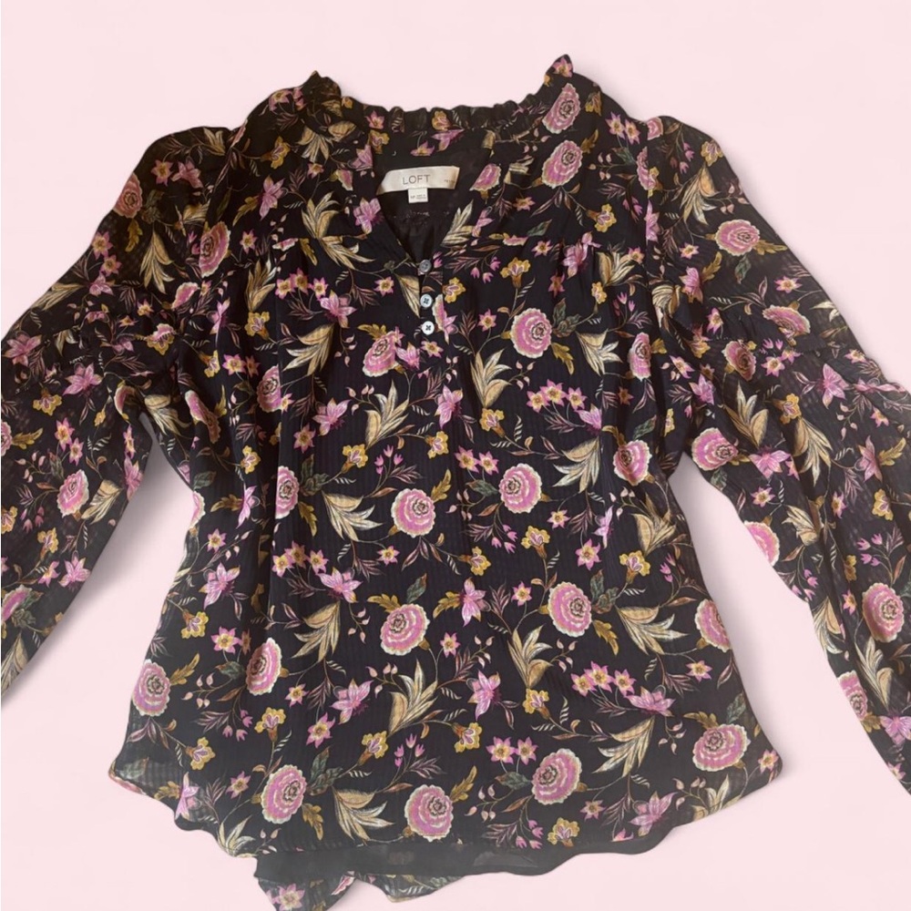LOFT Black Floral Blouse with Pink and Green Accents